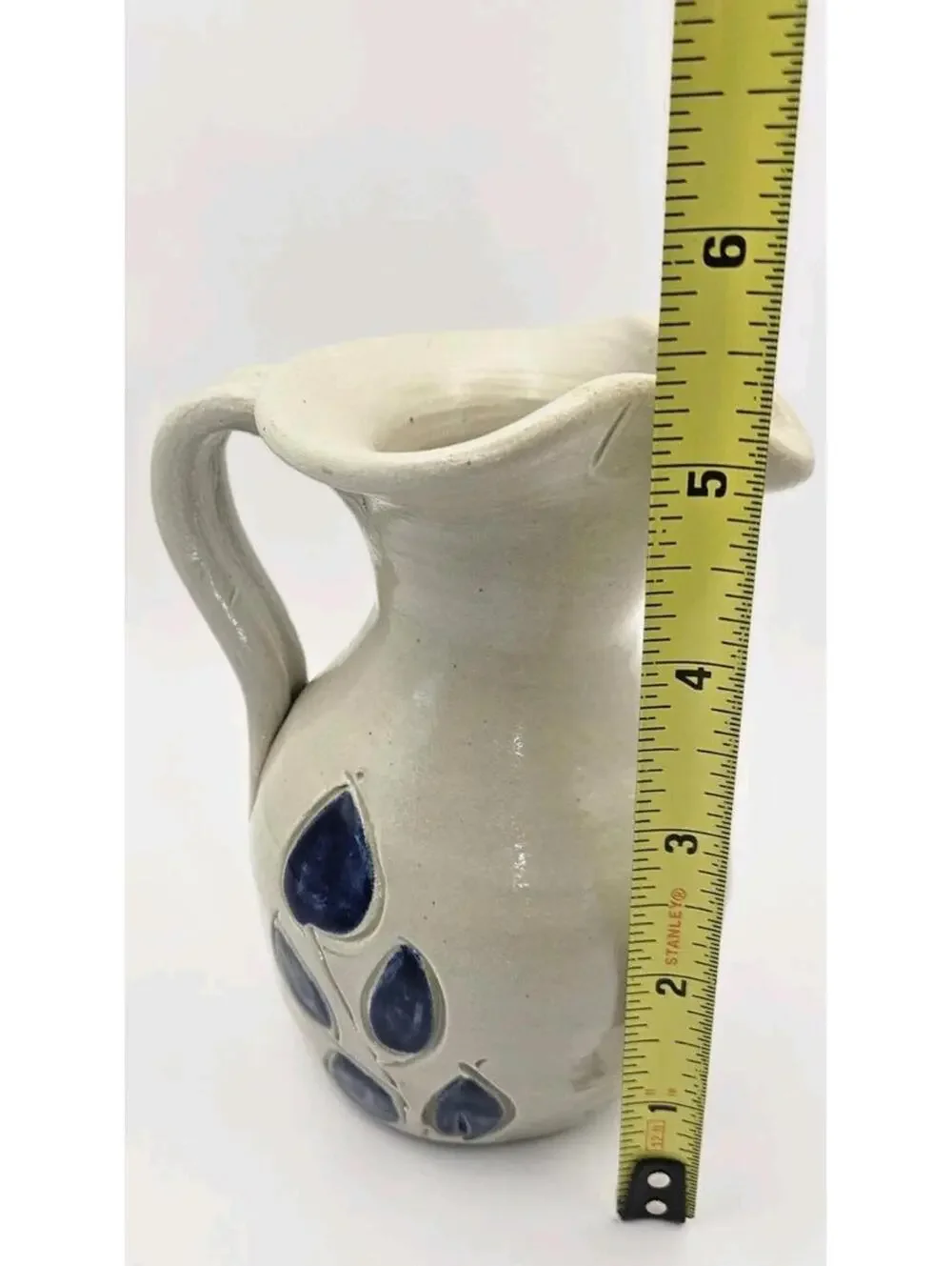 Williamsburg Pottery Small Pitcher Gray Cobalt Blue Leaf Salt Glaze Collectible